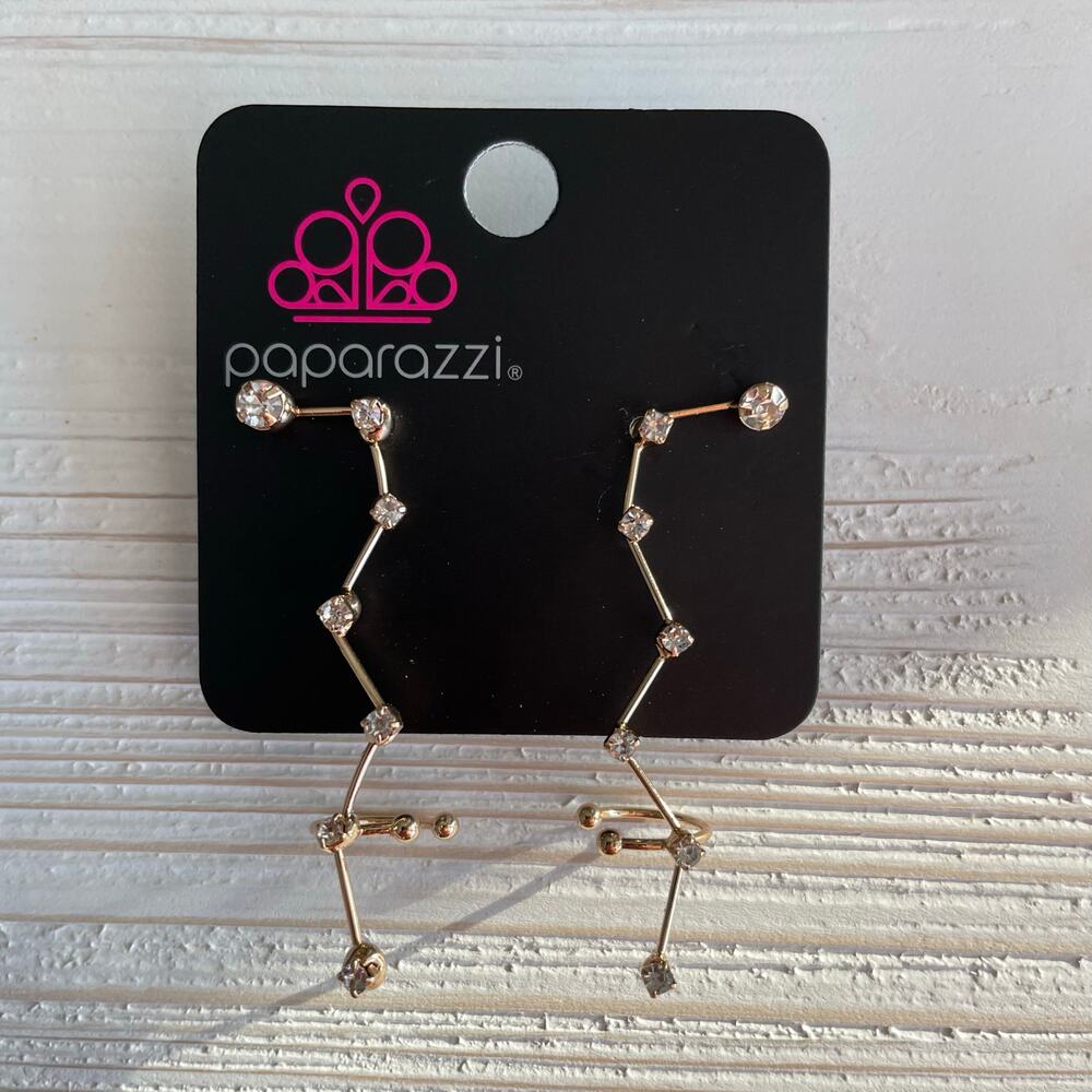 Paparazzi Constellation Earrings Crawler Gold Tone with Faux Diamonds NEW NWT